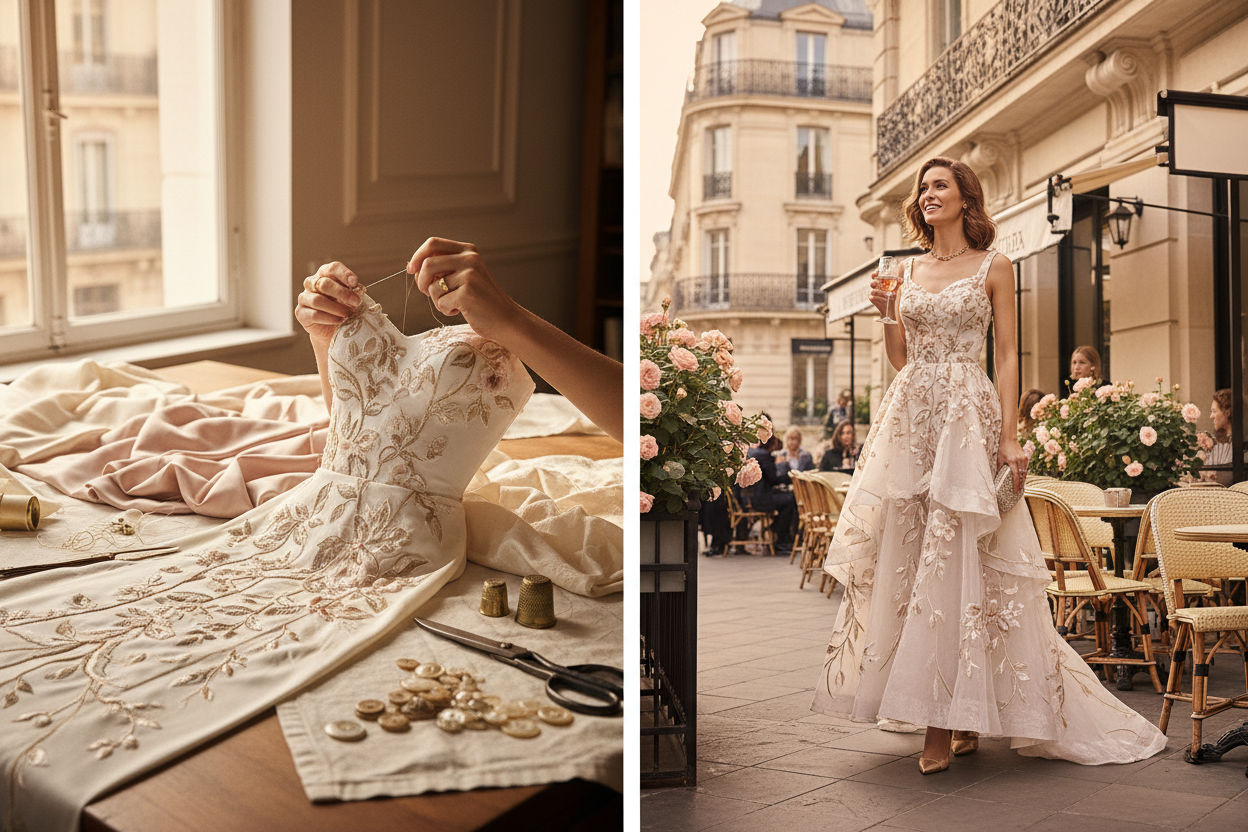 generate a video for a luxury fashion brand showcasing the process of crafting a timeless and elegant garment , also showcasing the luxury lifestyle that will accompany post buying this product